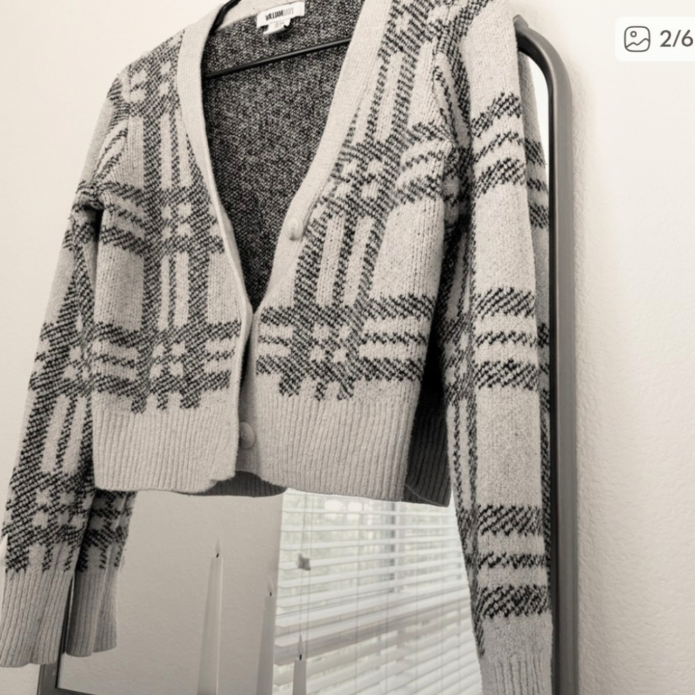 Plaid Cream Ivory White and Black Cropped Sweater Cardigan